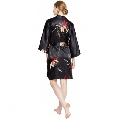 Robes Women's Satin Kimono Robe Short - Floral - Hana - Black - C818ZYTGYK4