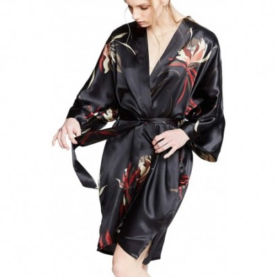 Robes Women's Satin Kimono Robe Short - Floral - Hana - Black - C818ZYTGYK4