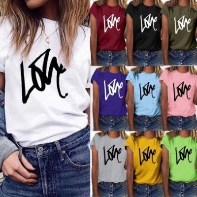 Thermal Underwear Love T-Shirt for Women Summer Print Short SleeveTunic Blouse Top - A Yellow - C518U8YAL00