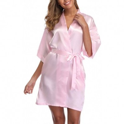 Robes Women's Short Kimono Robe Satin Pure Color Bridesmaid Wedding Party Bride Gifts - 8pink - C318SXIZQD4