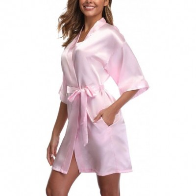 Robes Women's Short Kimono Robe Satin Pure Color Bridesmaid Wedding Party Bride Gifts - 8pink - C318SXIZQD4