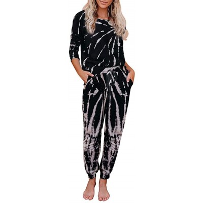 Sets Womens Cotton Pajama Sets Long Sleeve Casual Nightwear 2pcs Multicolor Sleepwear Pants Round Neck Lady Nightie Black - C...