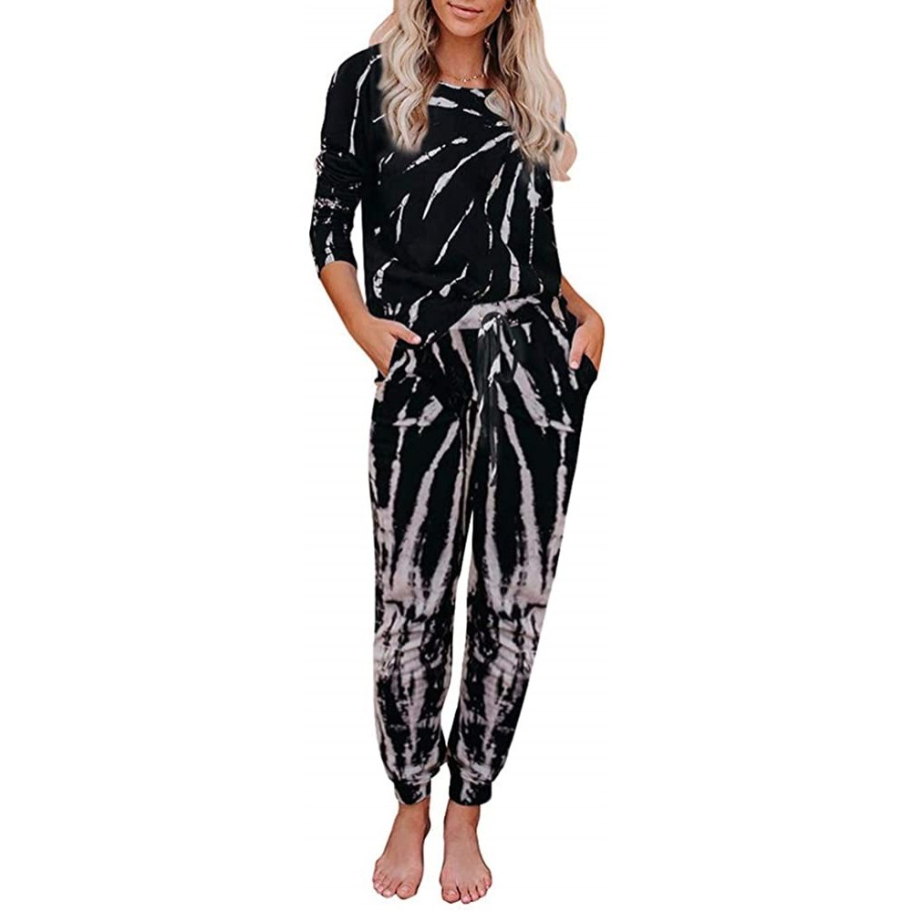 Sets Womens Cotton Pajama Sets Long Sleeve Casual Nightwear 2pcs Multicolor Sleepwear Pants Round Neck Lady Nightie Black - C...