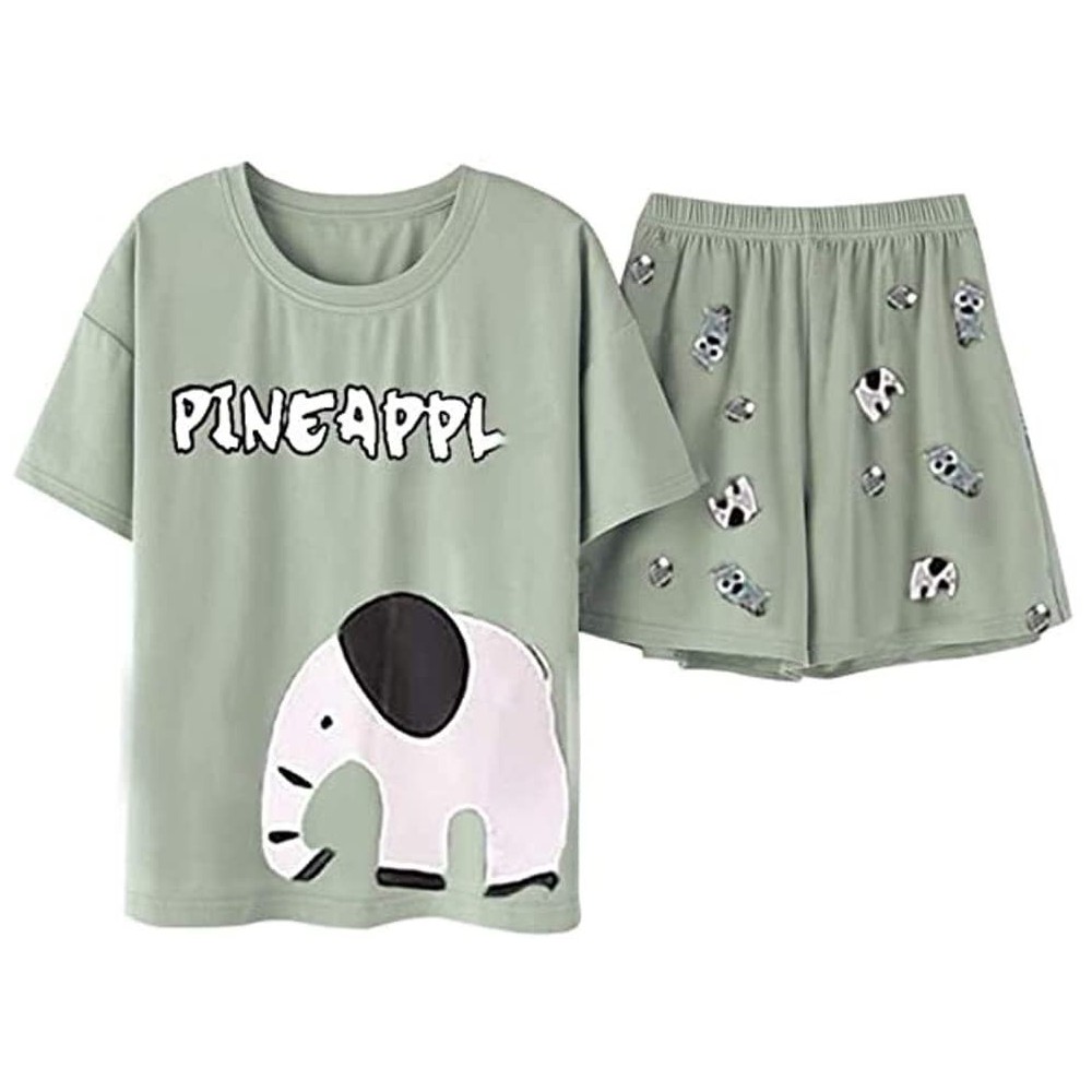 Thermal Underwear Women's Cartoon Cat Printed Short Sleeve O-Neck T-Shirt & Shorts Pajama Set - CB19D8N4EUD