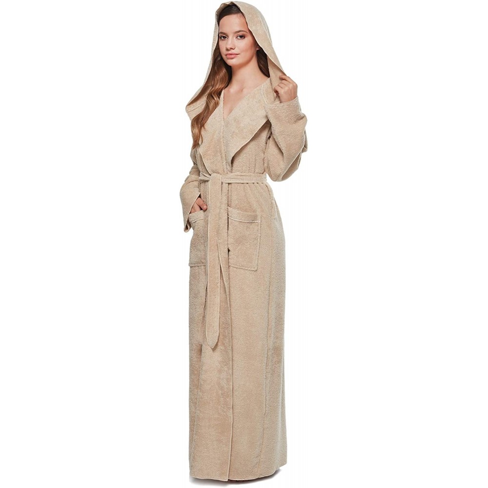 Robes Women's Princess Robe Ankle Long Hooded Silky Light Turkish Cotton Bathrobe - Latte - CM18MC6WR62