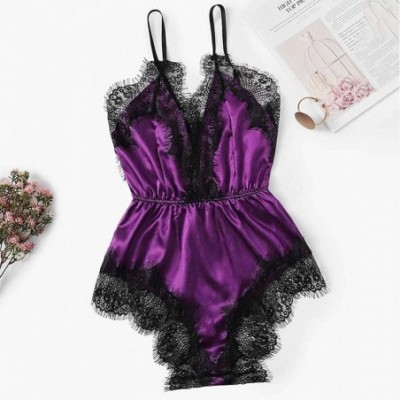 Baby Dolls & Chemises Women Babydoll Lingerie Sexy V Neck Satin Lace One Piece Bodysuit with Underwear Comfortable Backless P...