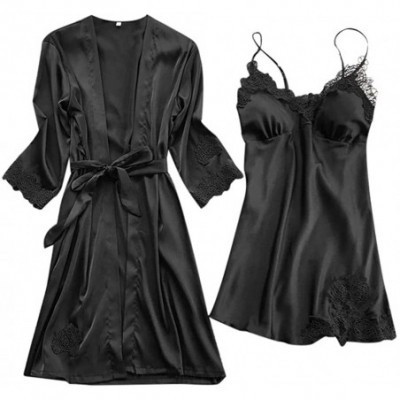 Robes Women's Sexy Satin Robes Dress Nightgown Bridesmaid Bride Party Kimono Bathrobe Camisole Nightgown - Black - C7194L4T7ML