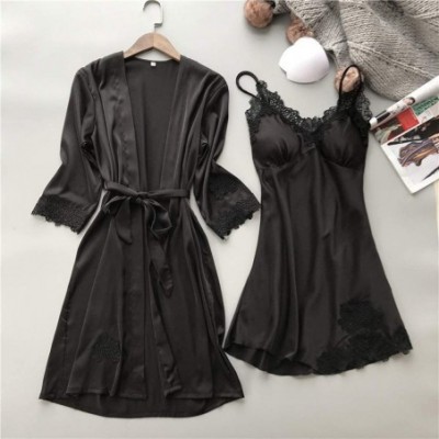 Robes Women's Sexy Satin Robes Dress Nightgown Bridesmaid Bride Party Kimono Bathrobe Camisole Nightgown - Black - C7194L4T7ML