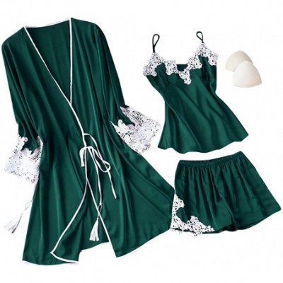 Sets 3pcs Lingerie Plus Size Women Silk Lace Robe Dress Babydoll Sleepwear Nightdress Pajamas Set - Green - CG193D8MRGN