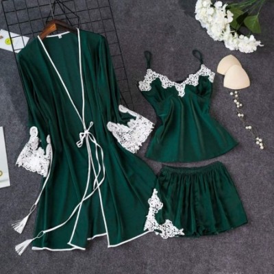 Sets 3pcs Lingerie Plus Size Women Silk Lace Robe Dress Babydoll Sleepwear Nightdress Pajamas Set - Green - CG193D8MRGN