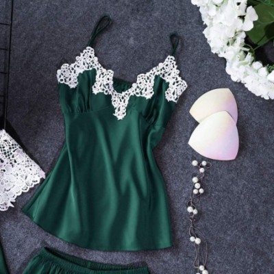 Sets 3pcs Lingerie Plus Size Women Silk Lace Robe Dress Babydoll Sleepwear Nightdress Pajamas Set - Green - CG193D8MRGN