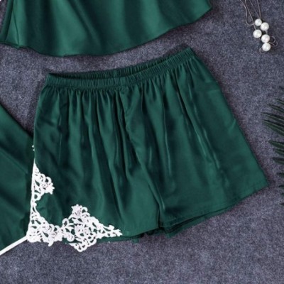 Sets 3pcs Lingerie Plus Size Women Silk Lace Robe Dress Babydoll Sleepwear Nightdress Pajamas Set - Green - CG193D8MRGN