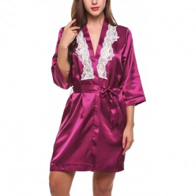 Robes Women Bridesmaids Robe Satin Wedding Kimono Bridal Dressing Gown Short Lounge Sleepwear - Purple(lace Trim) - CF18W6THDI8