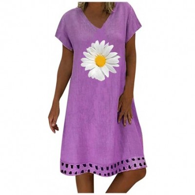 Bottoms Women's Plus Size Embroidery Floral Short Sleeve Casual Tunic Dress - Purple a - C019D8OS7HX