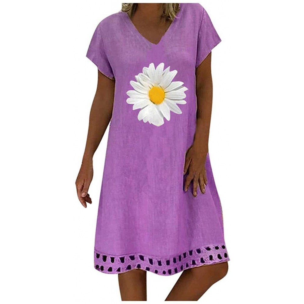 Bottoms Women's Plus Size Embroidery Floral Short Sleeve Casual Tunic Dress - Purple a - C019D8OS7HX