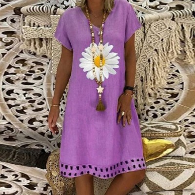 Bottoms Women's Plus Size Embroidery Floral Short Sleeve Casual Tunic Dress - Purple a - C019D8OS7HX