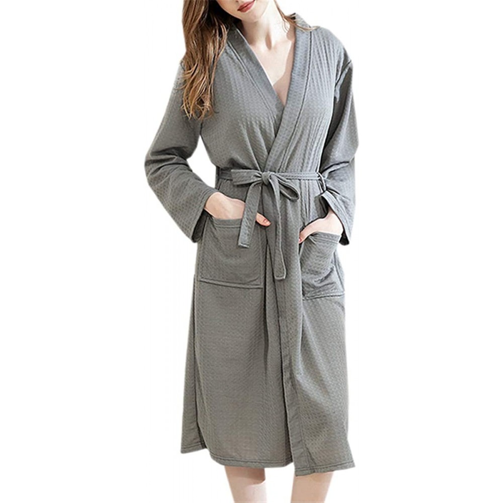 Robes Women's Waffle Robe Long Bathrobes with Pockets - Gray - CU19CA79TKC