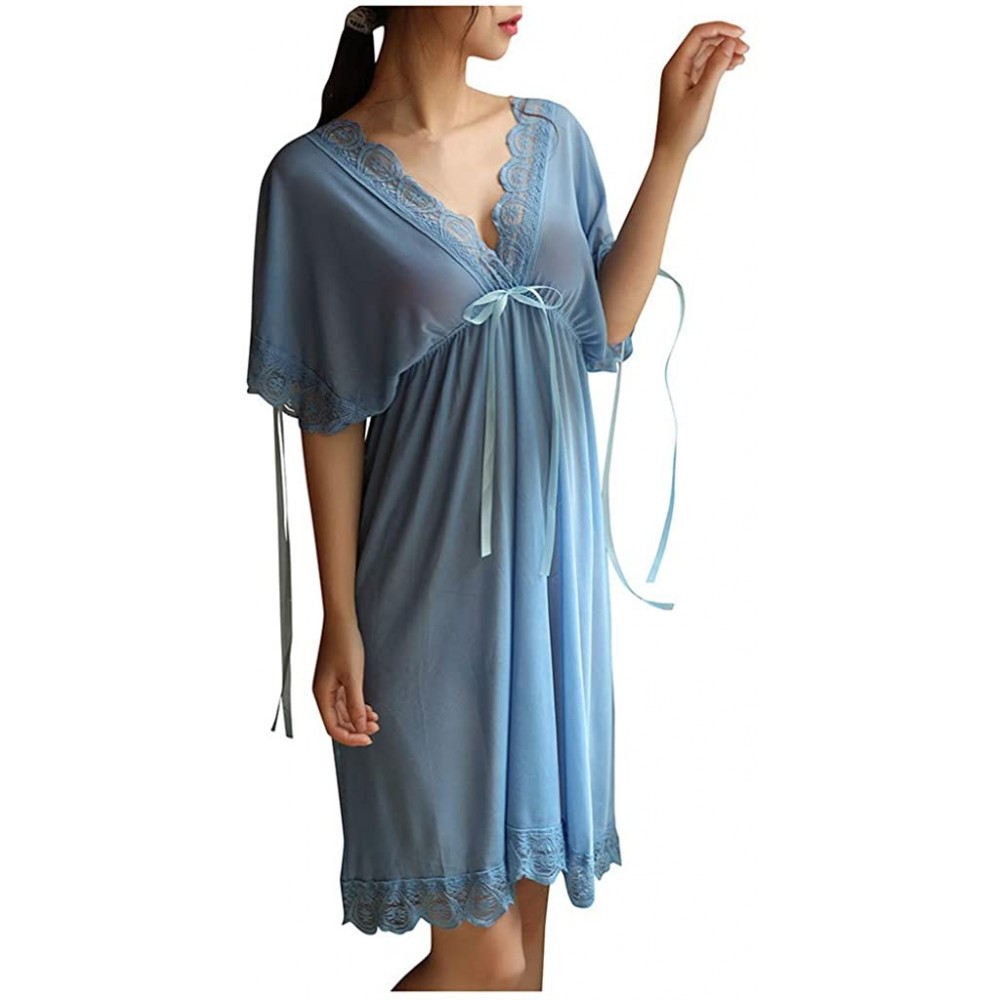 Nightgowns & Sleepshirts Women V Neck Short Sleeve Sexy Lace Trim Sleepwear Nightdress Pajamas Ladies Sexy Lace Pajamas Skirt...