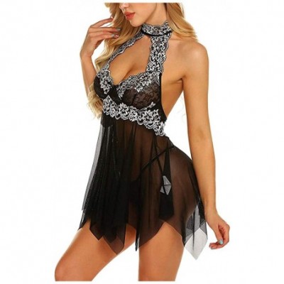 Nightgowns & Sleepshirts Women Lace Sleepwear Underwear Gauze Halter Nightgown Sexy Lingerie Dress - Black - CM195LL60OT