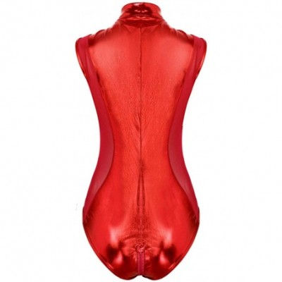 Shapewear Women's Shiny Metallic Zipper Crotch Thong Leotard Bodysuit Teddy Lingerie Clubwear - Red - C818UTN2XZ9