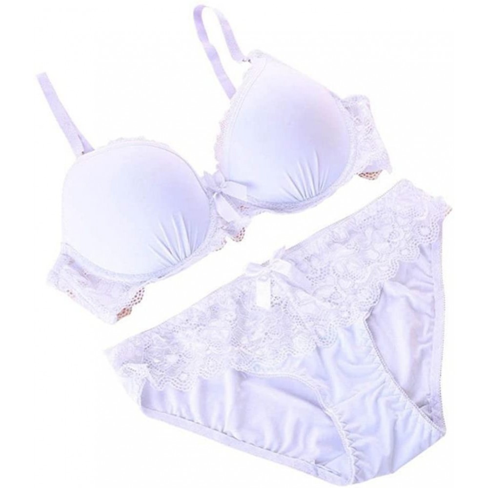 Bras Women Plus Size Lace Bra Sets Solid Color Push up Underwire Bra + Brief Sets - White - CO184QACR87