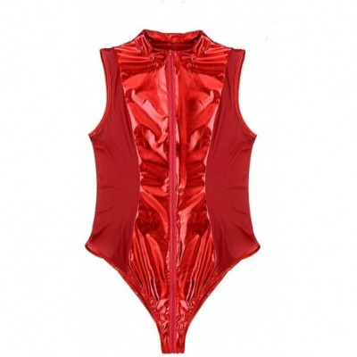 Shapewear Women's Shiny Metallic Zipper Crotch Thong Leotard Bodysuit Teddy Lingerie Clubwear - Red - C818UTN2XZ9