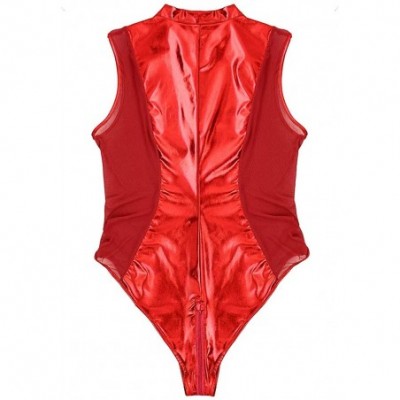 Shapewear Women's Shiny Metallic Zipper Crotch Thong Leotard Bodysuit Teddy Lingerie Clubwear - Red - C818UTN2XZ9