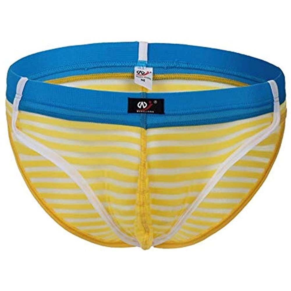 Briefs Men's Underwear- Polyester Stripes Microfiber Briefs No Fly Covered Waistband Silky Touch Underpants - Yellow - C218YN...