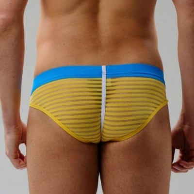 Briefs Men's Underwear- Polyester Stripes Microfiber Briefs No Fly Covered Waistband Silky Touch Underpants - Yellow - C218YN...