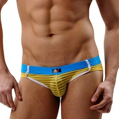 Briefs Men's Underwear- Polyester Stripes Microfiber Briefs No Fly Covered Waistband Silky Touch Underpants - Yellow - C218YN...