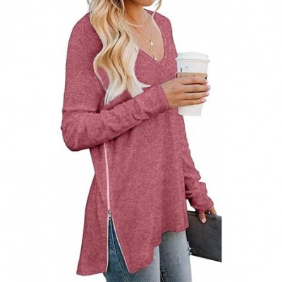 Thermal Underwear Women's Fall Long Sleeve Side Split Loose Casual Pullover Tunic Tops with Side Zipper - Pink - CZ1933W8S50