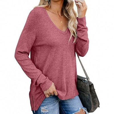 Thermal Underwear Women's Fall Long Sleeve Side Split Loose Casual Pullover Tunic Tops with Side Zipper - Pink - CZ1933W8S50