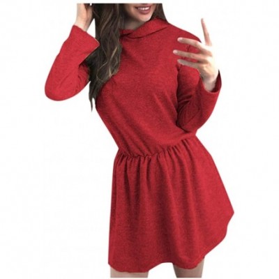 Slips Womens Mini Hooded Dress Solid Color Long Sleeve Casual Pullover Tops Dresses - Red - CA193NOWMK9