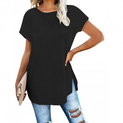 Shapewear Women's Crewneck Short Sleeve Tunic Tops Side Split Plain Loose Blouses Tops - Black - CL1966T3OZO