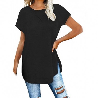 Shapewear Women's Crewneck Short Sleeve Tunic Tops Side Split Plain Loose Blouses Tops - Black - CL1966T3OZO