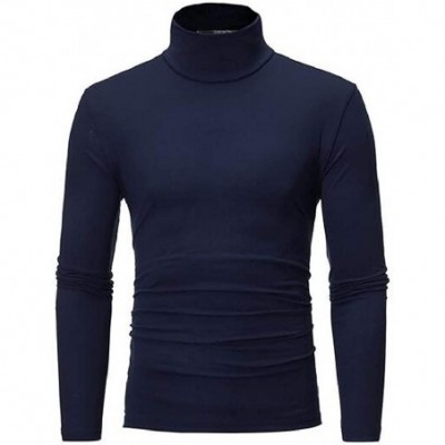 Thermal Underwear Mens Basic Solid Color Slimming Thermal Long Sleeve Turtle Neck T-Shirt Tee Tops - Navy Blue - C6193HS59A6