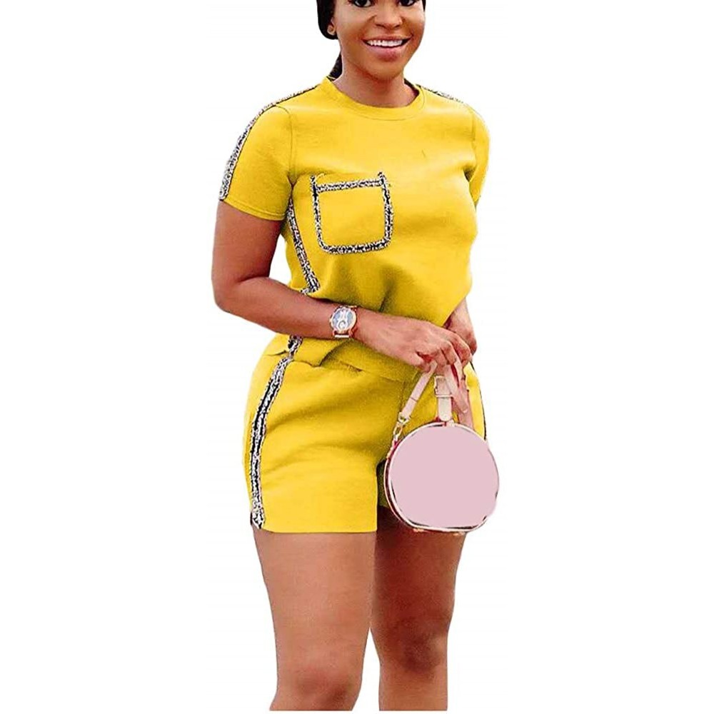 Sets Women Summer Striped 2 Piece Outfits Casual Short Sleeve T-Shirts Tops and Bodycon Shorts Set - A Yellow - CH190X2G90Y