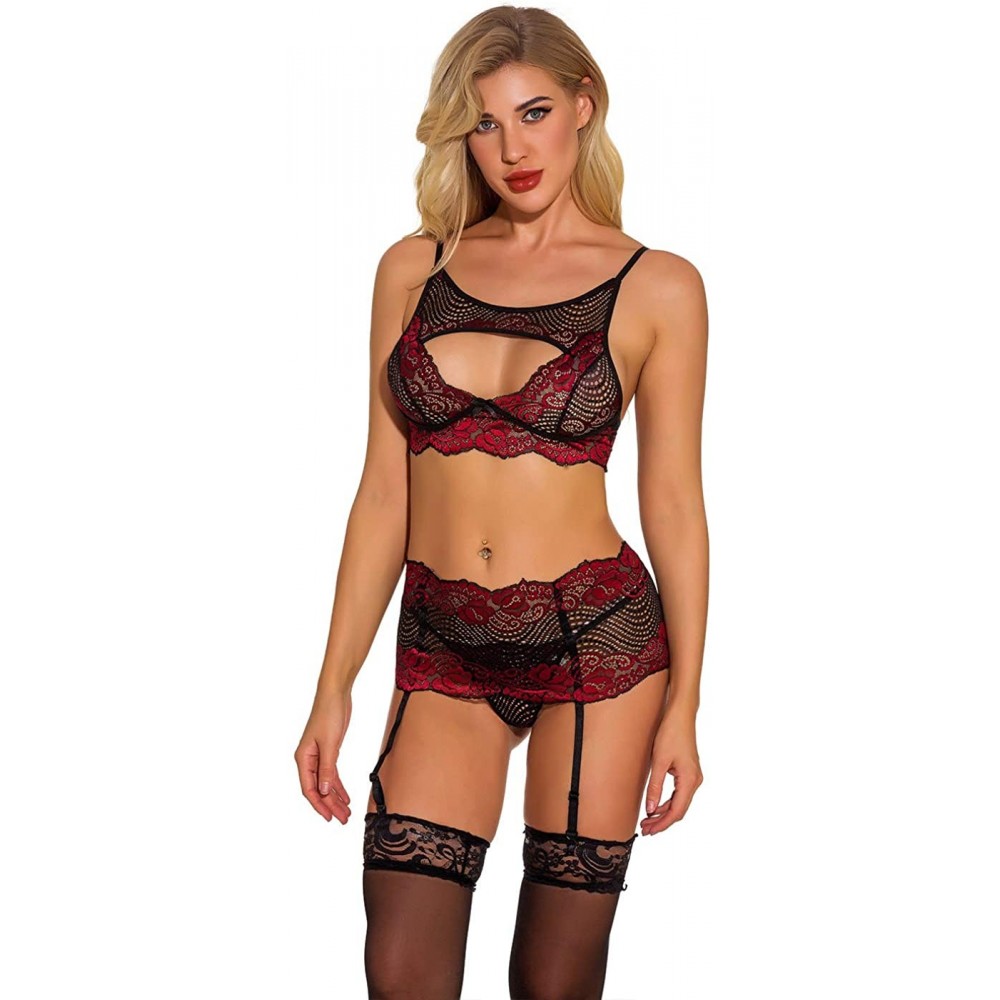 Baby Dolls & Chemises Women Sexy Lace Lingerie Set with Garter Belt Babydoll Wireless Bralette Underwear - A-wine Red - CN197...