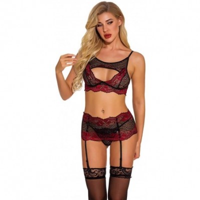 Baby Dolls & Chemises Women Sexy Lace Lingerie Set with Garter Belt Babydoll Wireless Bralette Underwear - A-wine Red - CN197...