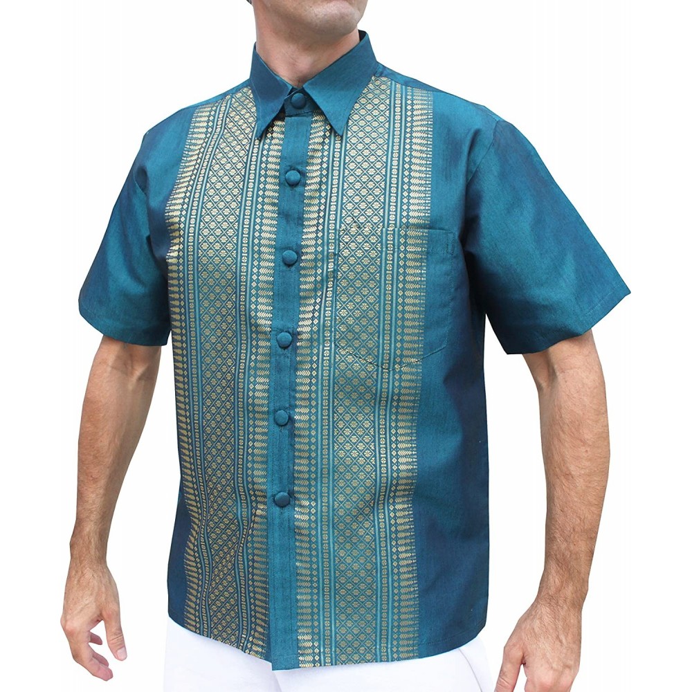 Sleep Tops Formal Northern Thailand Woven Stitchwork Short Sleeve Silk Shirt - Cardet Blue - CG180S0TTT0