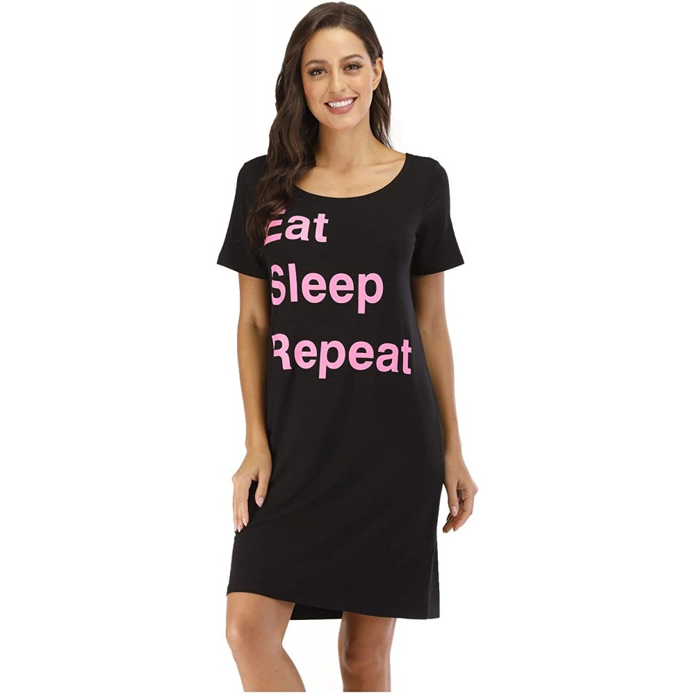 Nightgowns & Sleepshirts Funny Letters Nightgown Writing Sleepshirt Fashion Print Home Dress Scoop Neck Loungwear - Black - C...