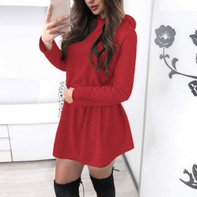 Slips Womens Mini Hooded Dress Solid Color Long Sleeve Casual Pullover Tops Dresses - Red - CA193NOWMK9