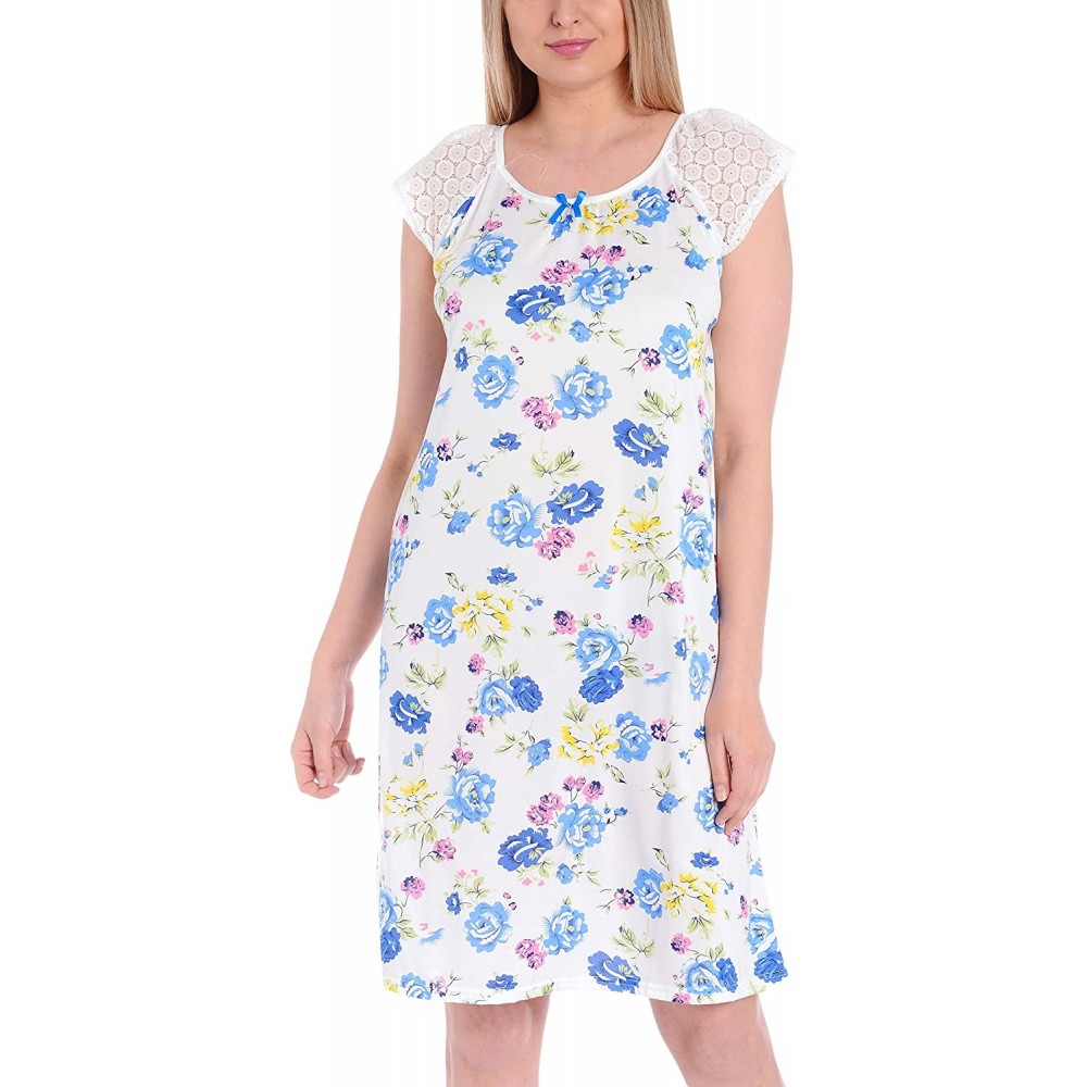 Nightgowns & Sleepshirts Womens Silky Short Sleeve Floral Print Nightgowns - Blue - CK19E7T2D0I