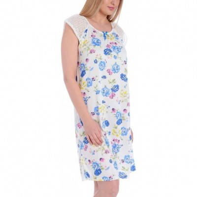 Nightgowns & Sleepshirts Womens Silky Short Sleeve Floral Print Nightgowns - Blue - CK19E7T2D0I