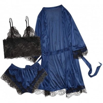 Baby Dolls & Chemises Women Sexy Lace Lingerie Nightwear Underwear Sleepwear Dress 3PC SEet - Navy - CJ18ZUZI2NQ