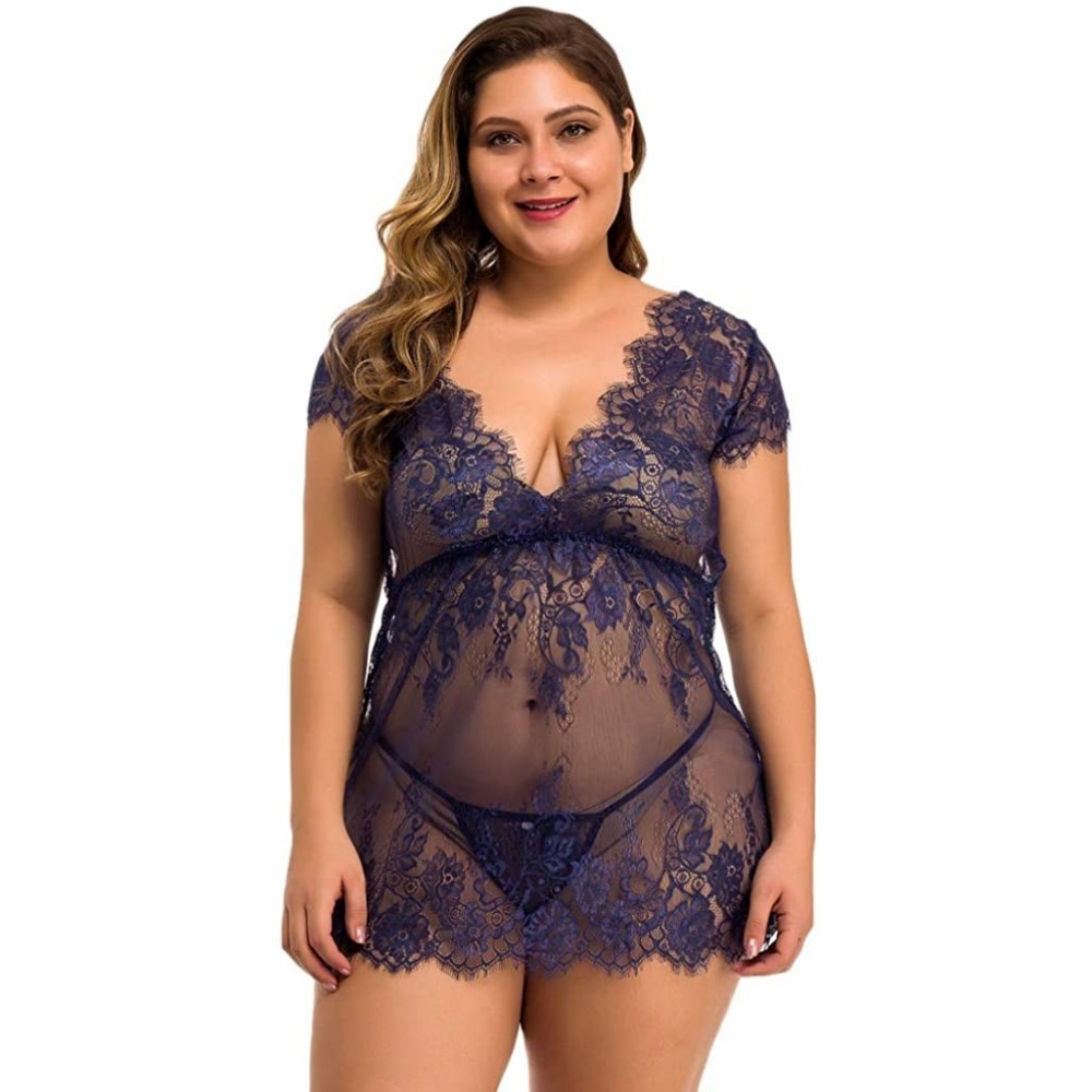 Baby Dolls & Chemises Women Lingerie Chemise Sexy Short Sleeve V Neck See Through Lace Mesh Eyelash Bodysuit Plus Size Sleepw...