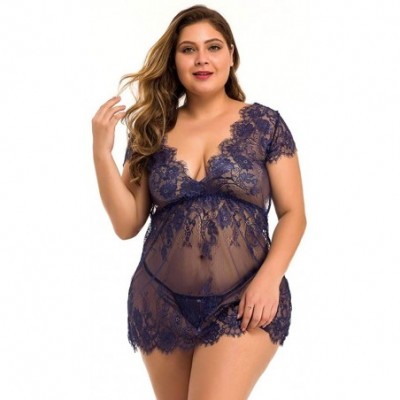 Baby Dolls & Chemises Women Lingerie Chemise Sexy Short Sleeve V Neck See Through Lace Mesh Eyelash Bodysuit Plus Size Sleepw...