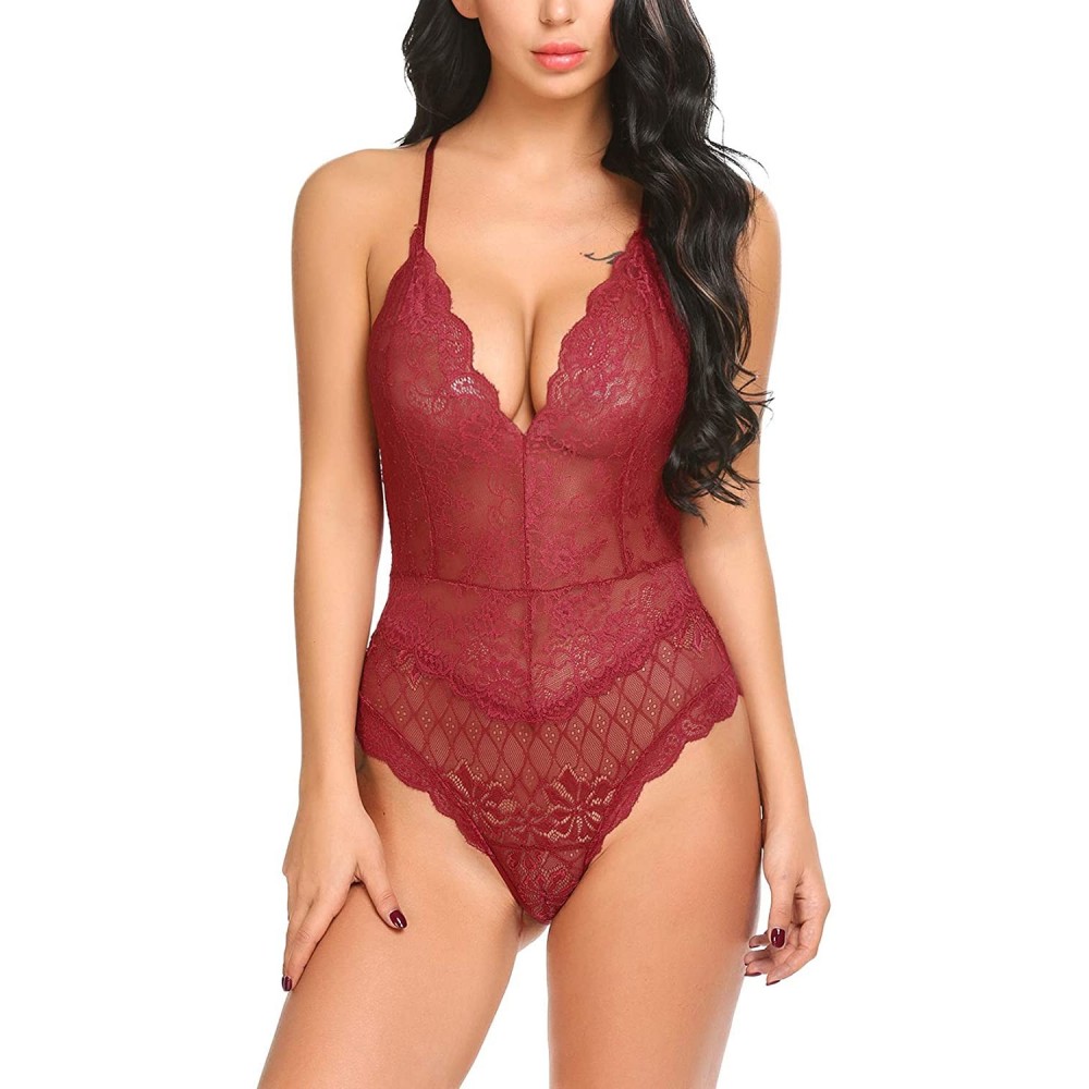 Baby Dolls & Chemises Women Teddy Lingerie One Piece Babydoll Mini Bodysuit - Wine Red - CH189I5Q07H