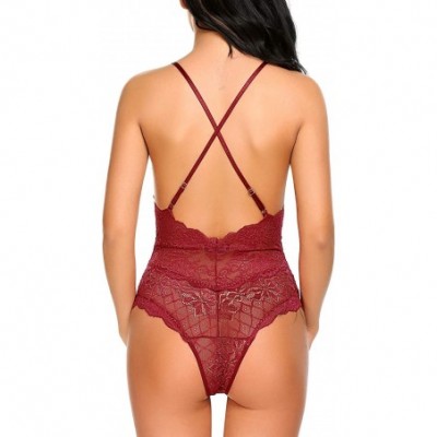 Baby Dolls & Chemises Women Teddy Lingerie One Piece Babydoll Mini Bodysuit - Wine Red - CH189I5Q07H