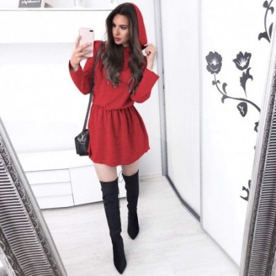 Slips Womens Mini Hooded Dress Solid Color Long Sleeve Casual Pullover Tops Dresses - Red - CA193NOWMK9